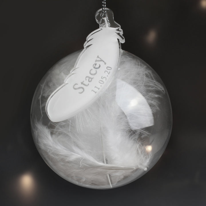 Buy Personalised Name & Date Feather Glass Bauble at www.giftsfinder.co.uk