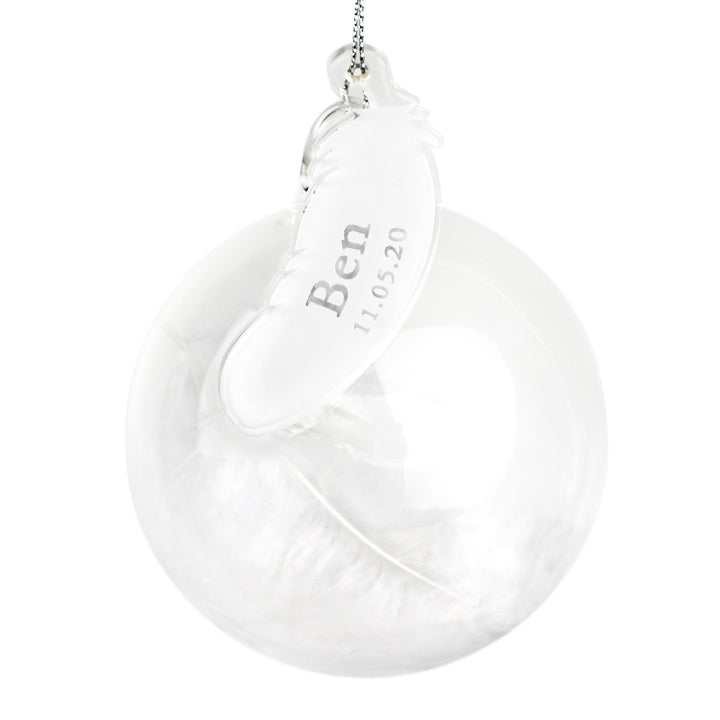 Buy Personalised Name & Date Feather Glass Bauble at www.giftsfinder.co.uk