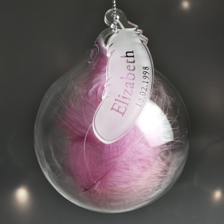 Buy Personalised Name & Date Pink Feather Glass Bauble at www.giftsfinder.co.uk