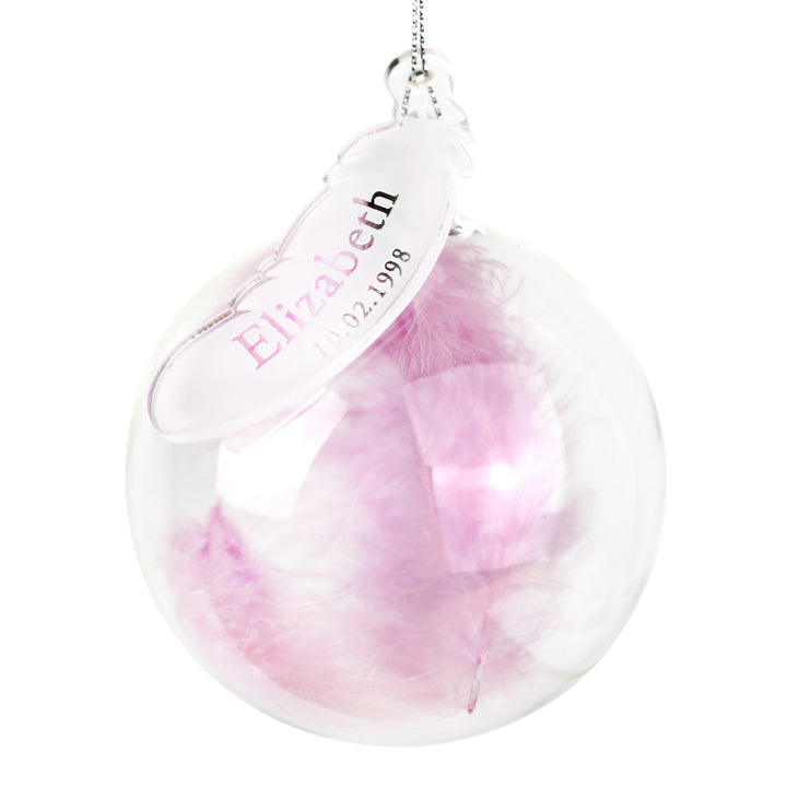 Buy Personalised Name & Date Pink Feather Glass Bauble at www.giftsfinder.co.uk