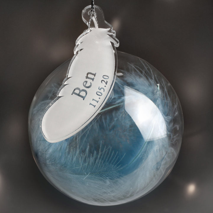 Buy Personalised Name & Date Blue Feather Glass Bauble at www.giftsfinder.co.uk