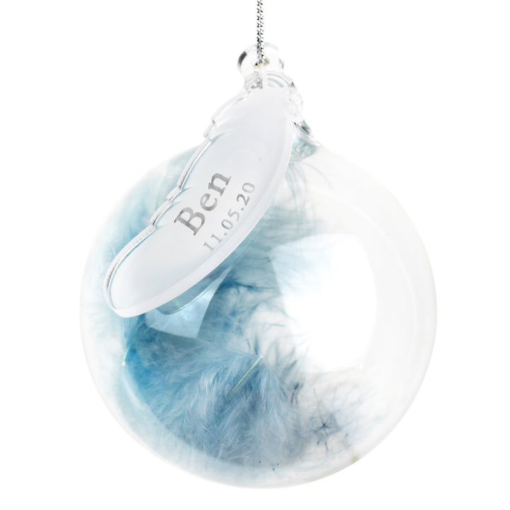 Buy Personalised Name & Date Blue Feather Glass Bauble at www.giftsfinder.co.uk