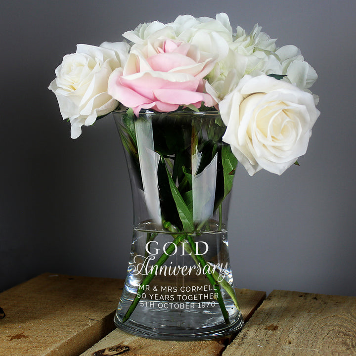 Buy Personalised 'Gold Anniversary' Glass Vase at www.giftsfinder.co.uk