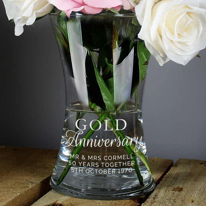 Buy Personalised 'Gold Anniversary' Glass Vase at www.giftsfinder.co.uk