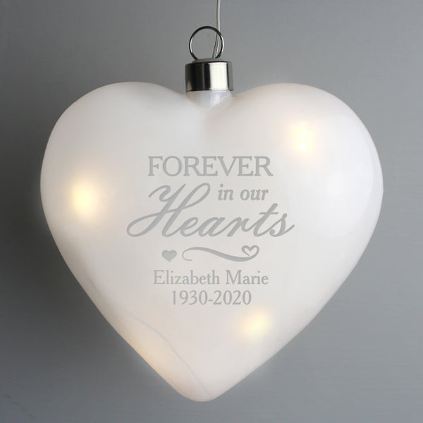 Buy Personalised Forever In Our Hearts LED Hanging Glass Heart at www.giftsfinder.co.uk