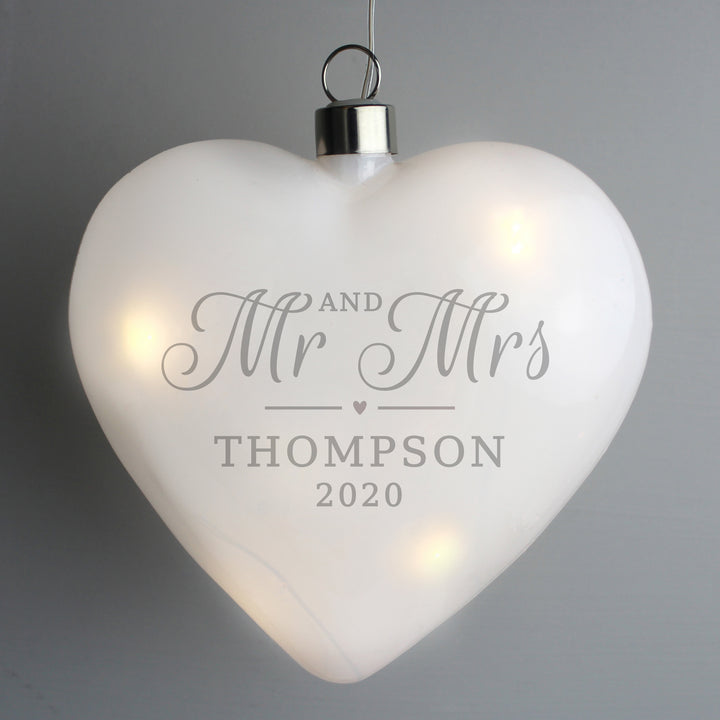 Buy Personalised Mr & Mrs LED Hanging Glass Heart at www.giftsfinder.co.uk