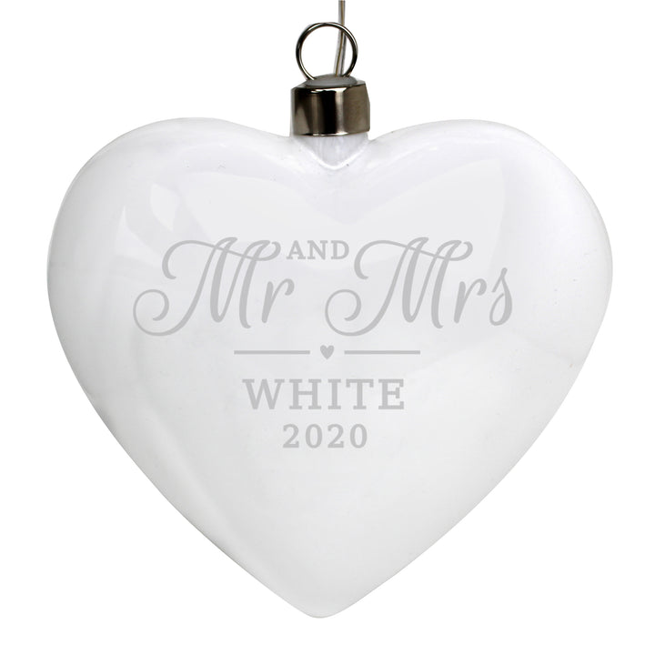 Buy Personalised Mr & Mrs LED Hanging Glass Heart at www.giftsfinder.co.uk