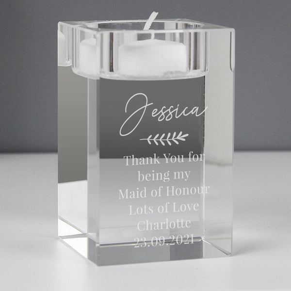 Buy Personalised Leaf Free Text Glass Tea Light Holder at www.giftsfinder.co.uk