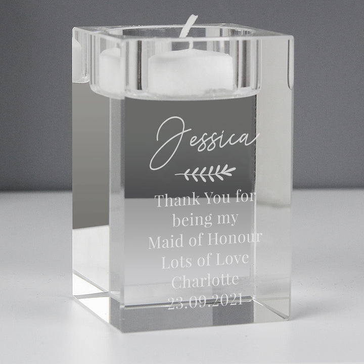 Personalised Leaf Free Text Glass Tea Light Holder - part of the Gifts Finder Personalised Tea Light Holders collection