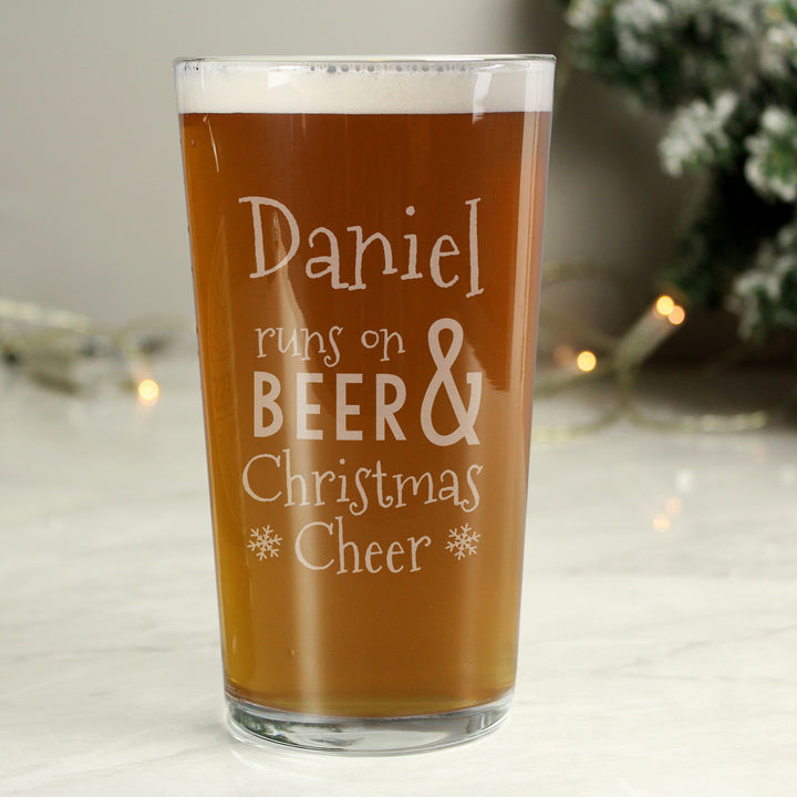 Personalised Runs On Beer & Christmas Cheer Pint Glass in gift category Personalised Glass Tankards & Pint Glasses