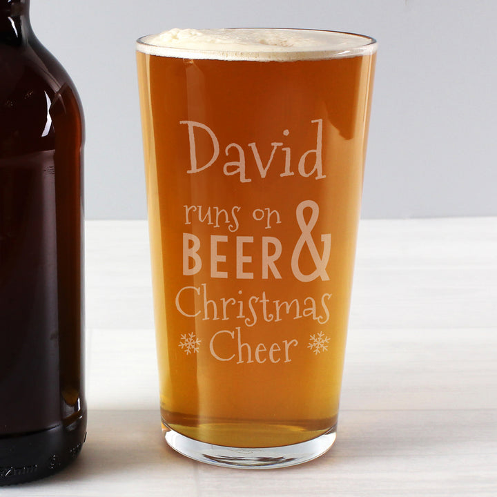 Personalised Runs On Beer & Christmas Cheer Pint Glass in gift category Personalised Glass Tankards & Pint Glasses