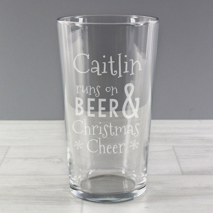 Personalised Runs On Beer & Christmas Cheer Pint Glass in gift category Personalised Glass Tankards & Pint Glasses