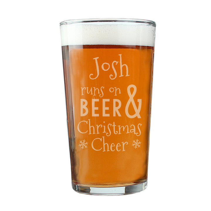 Personalised Runs On Beer & Christmas Cheer Pint Glass in gift category Personalised Glass Tankards & Pint Glasses