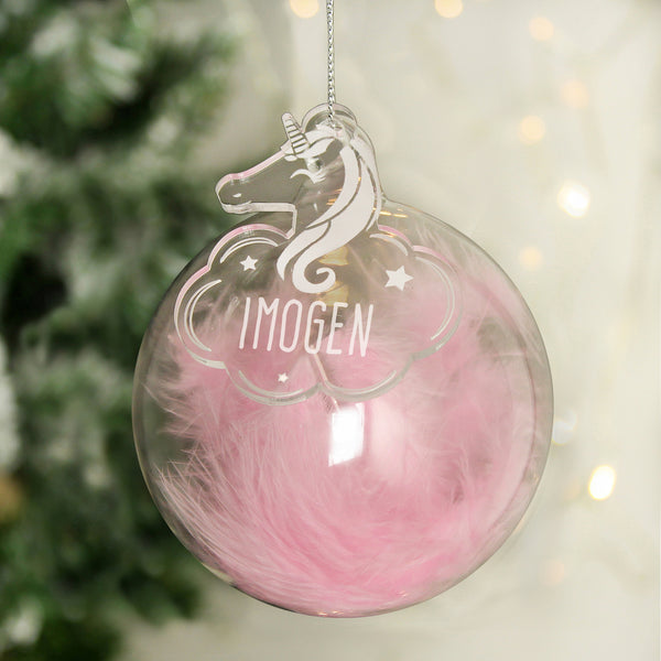 Buy Personalised Pink Feather Glass Bauble With Unicorn Tag at www.giftsfinder.co.uk