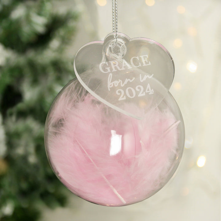 Buy Personalised Born In Pink Feather Glass Bauble With Heart Tag available now at www.giftsfinder.co.uk