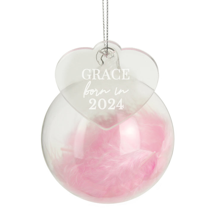 Buy Personalised Born In Pink Feather Glass Bauble With Heart Tag available now at www.giftsfinder.co.uk