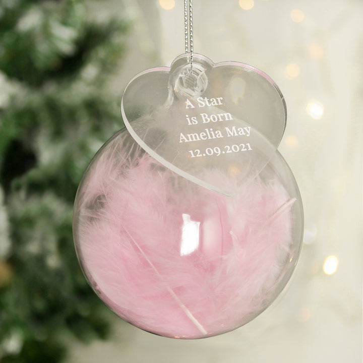 Buy Personalised Free Text Pink Feather Glass Bauble With Heart Tag available now at www.giftsfinder.co.uk