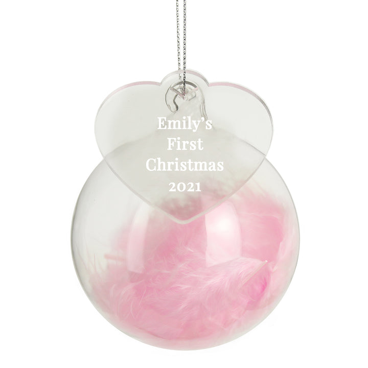 Buy Personalised Free Text Pink Feather Glass Bauble With Heart Tag available now at www.giftsfinder.co.uk