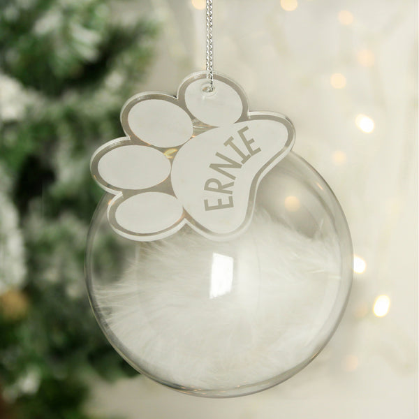 Buy Personalised Pets White Feather Glass Bauble With Paw Print Tag at www.giftsfinder.co.uk