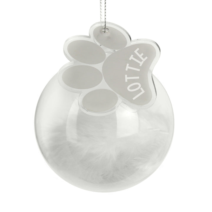 Buy Personalised Pets White Feather Glass Bauble With Paw Print Tag at www.giftsfinder.co.uk