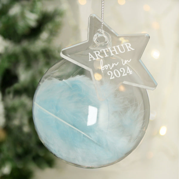 Buy Personalised Born In Blue Feather Glass Bauble With Star Tag available now at www.giftsfinder.co.uk