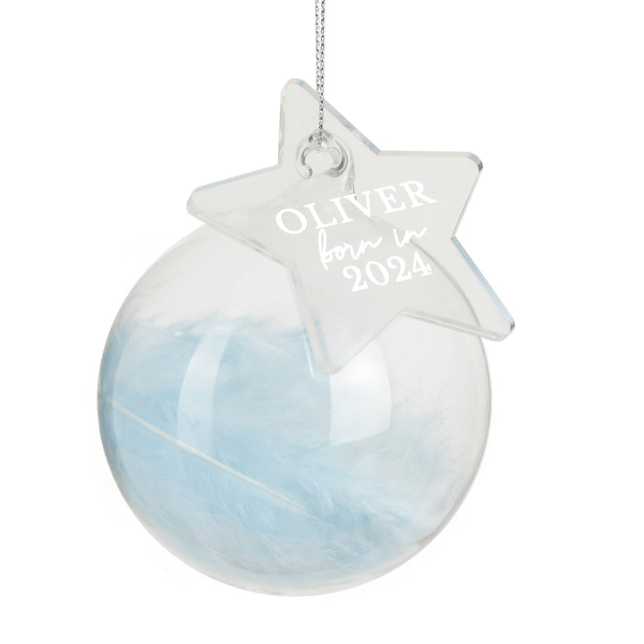 Buy Personalised Born In Blue Feather Glass Bauble With Star Tag available now at www.giftsfinder.co.uk