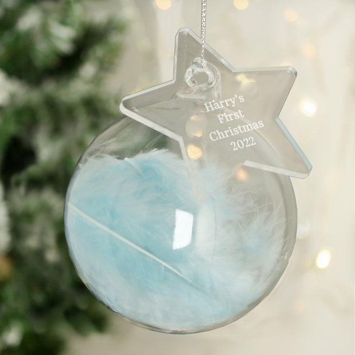 Buy Personalised Free Text Blue Feather Glass Bauble With Star Tag available now at www.giftsfinder.co.uk