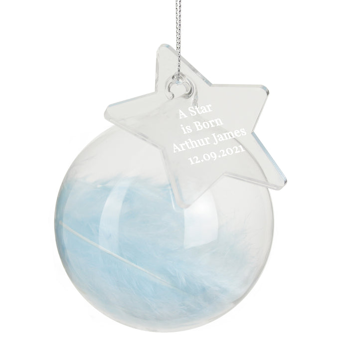 Buy Personalised Free Text Blue Feather Glass Bauble With Star Tag available now at www.giftsfinder.co.uk