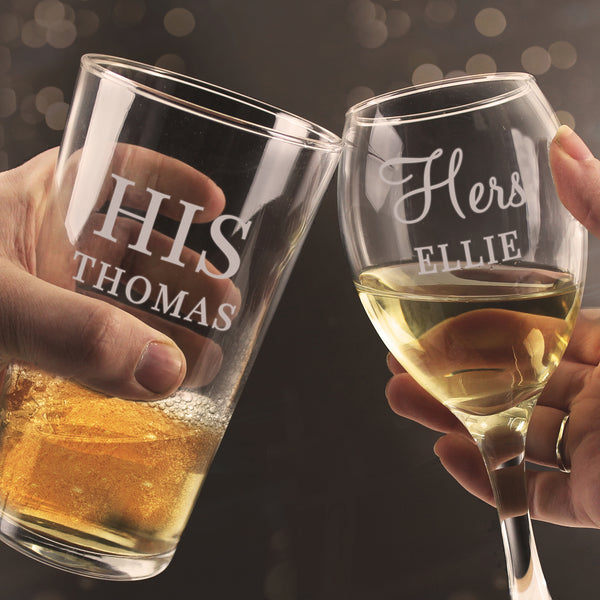 Buy Personalised His & Her Pint and Wine Glass Set available now at www.giftsfinder.co.uk