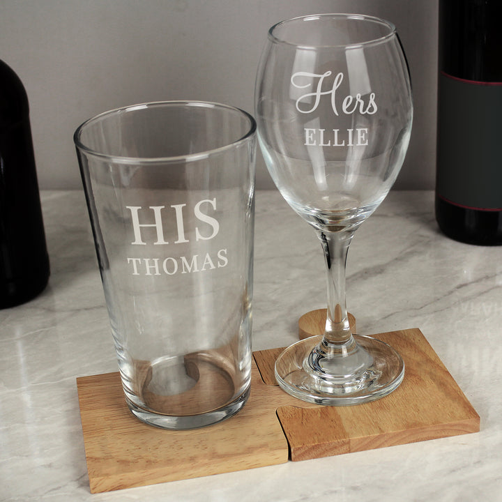 Buy Personalised His & Her Pint and Wine Glass Set available now at www.giftsfinder.co.uk