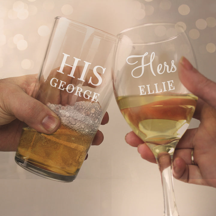 Buy Personalised His & Her Pint and Wine Glass Set available now at www.giftsfinder.co.uk