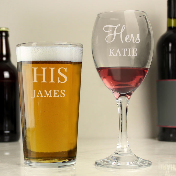 Buy Personalised His & Her Pint and Wine Glass Set available now at www.giftsfinder.co.uk