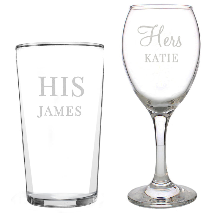 Buy Personalised His & Her Pint and Wine Glass Set available now at www.giftsfinder.co.uk