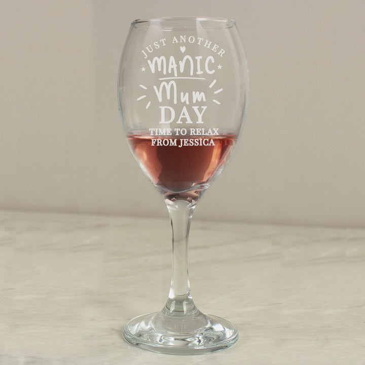 Buy Personalised Manic Mum Day Wine Glass available now at www.giftsfinder.co.uk