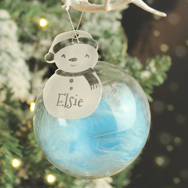 Personalised Snowman Acrylic Blue Feather Bauble in gift category Personalised Baubles