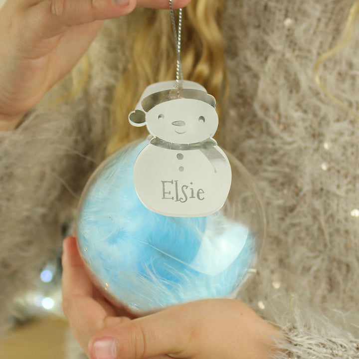 Personalised Snowman Acrylic Blue Feather Bauble in gift category Personalised Baubles