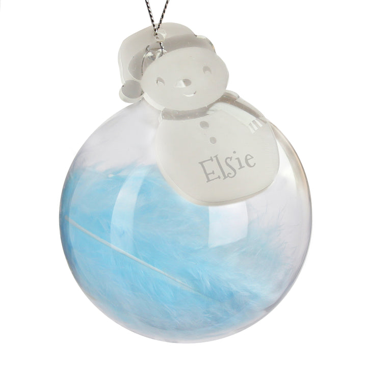 Personalised Snowman Acrylic Blue Feather Bauble in gift category Personalised Baubles