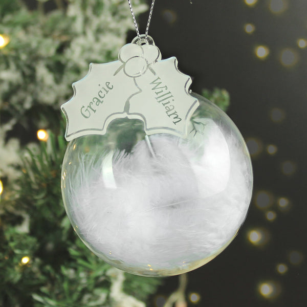 Buy Personalised Holly Acrylic White Feather Bauble available now at www.giftsfinder.co.uk