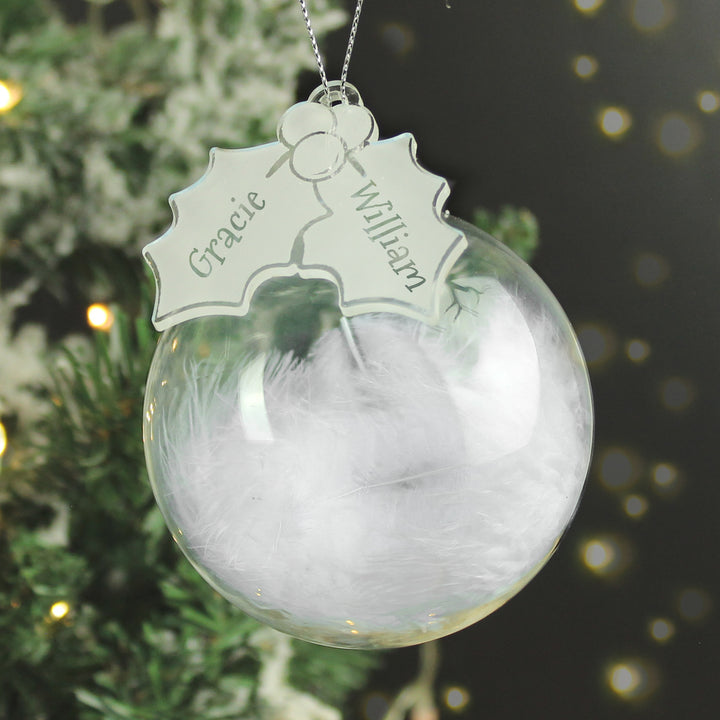 Buy Personalised Holly Acrylic White Feather Bauble available now at www.giftsfinder.co.uk