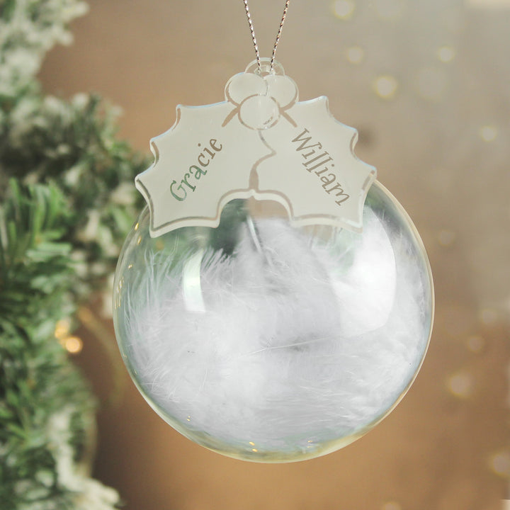 Buy Personalised Holly Acrylic White Feather Bauble available now at www.giftsfinder.co.uk