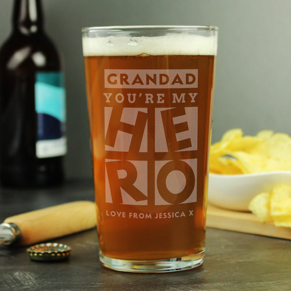 Buy Personalised My Hero Pint Glass - Father's Day gift at www.giftsfinder.co.uk