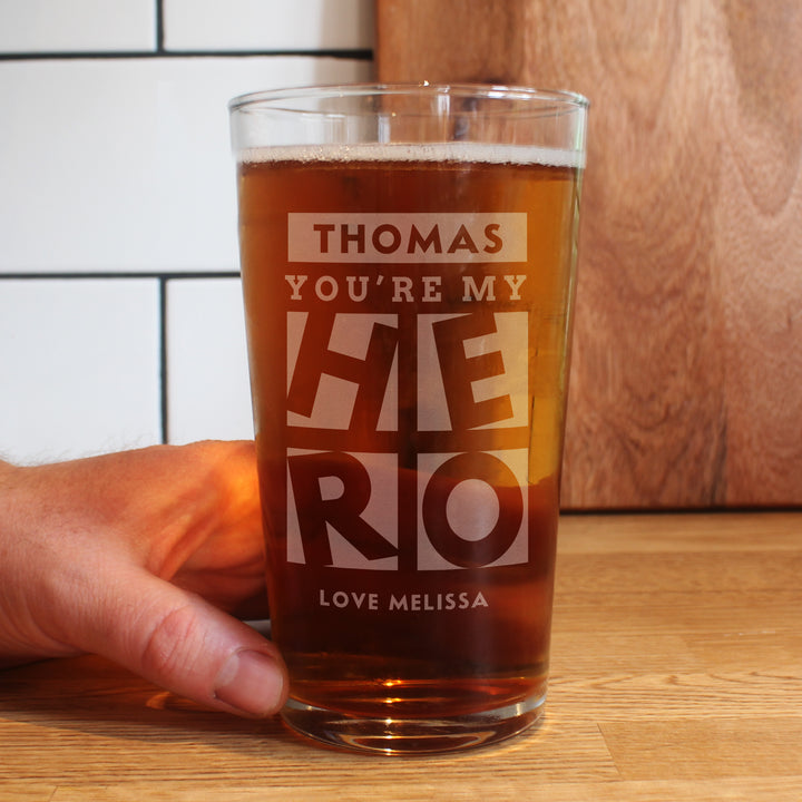 Buy Personalised My Hero Pint Glass at www.giftsfinder.co.uk