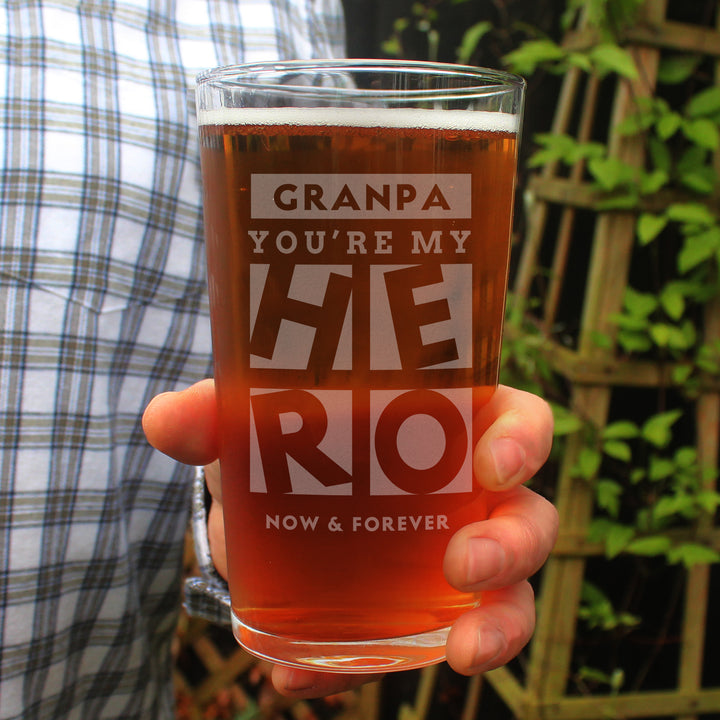 Buy Personalised My Hero Pint Glass at www.giftsfinder.co.uk