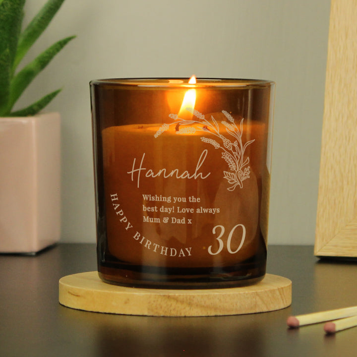 Buy Personalised Birthday Amber Glass Candle available now at www.giftsfinder.co.uk