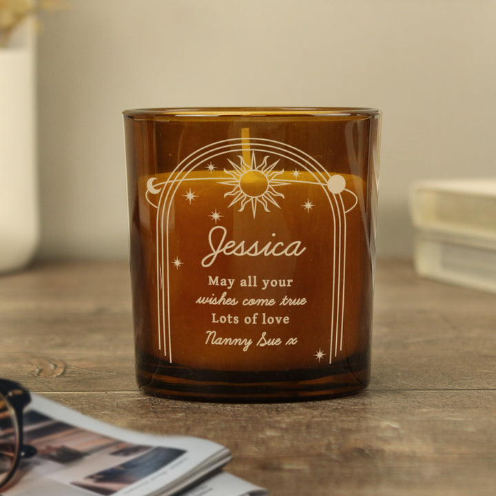 Buy Personalised Celestial Amber Glass Candle available now at www.giftsfinder.co.uk