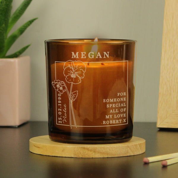 Buy Personalised February Birth Flower Amber Glass Candle available now at www.giftsfinder.co.uk