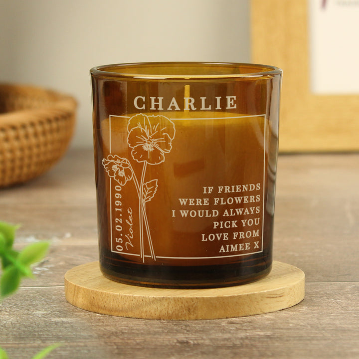 Buy Personalised February Birth Flower Amber Glass Candle available now at www.giftsfinder.co.uk