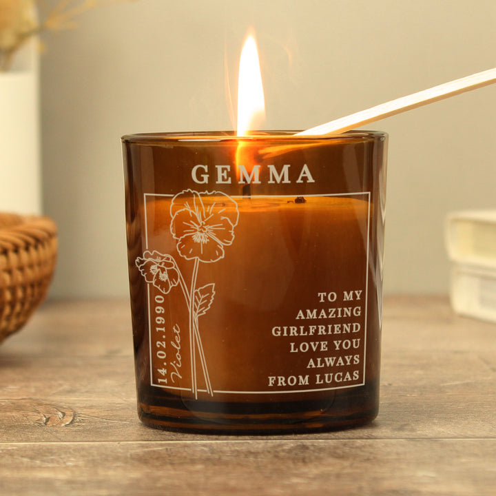 Buy Personalised February Birth Flower Amber Glass Candle available now at www.giftsfinder.co.uk