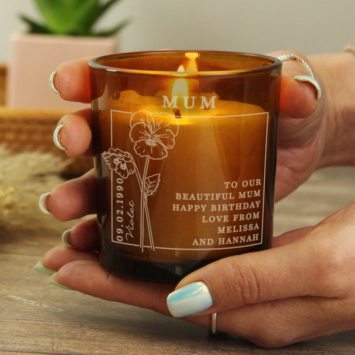 Buy Personalised February Birth Flower Amber Glass Candle available now at www.giftsfinder.co.uk