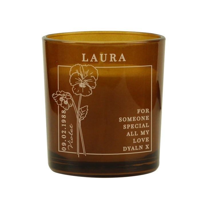 Buy Personalised February Birth Flower Amber Glass Candle available now at www.giftsfinder.co.uk